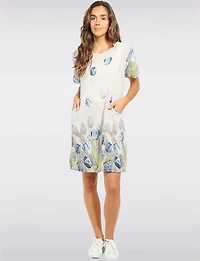 Short Sleeve Tulip Print Dress With Knit Trim at the Waist By Froccella