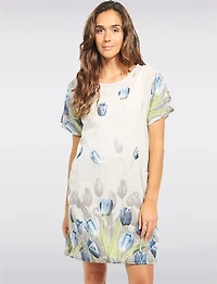 Short Sleeve Tulip Print Dress With Knit Trim at the Waist By Froccella