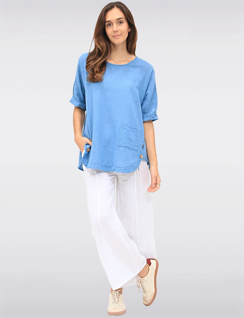 Loose-Fit Cotton Short Sleeve Top with Front Pocket & Button Detail by Froccella