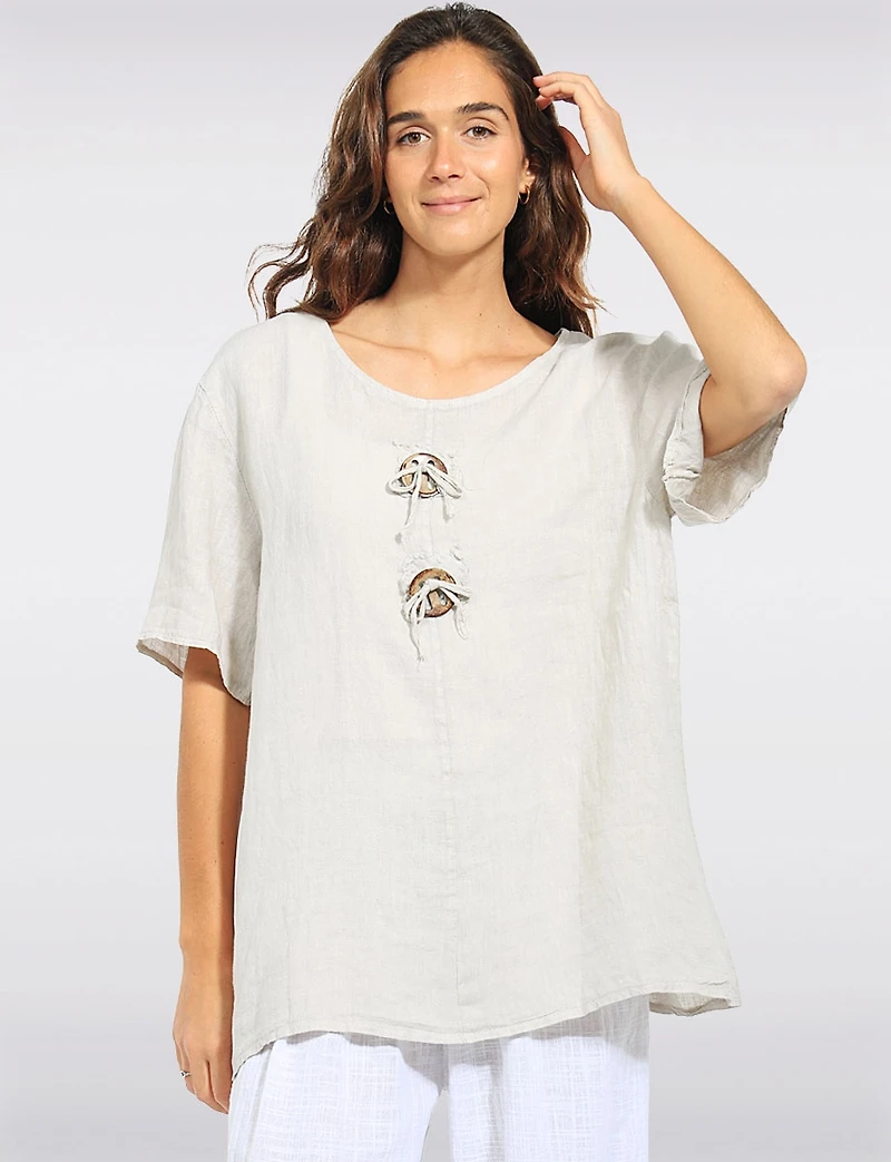 Chic Linen Short Sleeve Top with Decorative Front Button Accent by Froccella