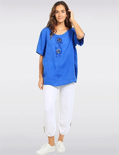 Chic Linen Short Sleeve Top with Decorative Front Button Accent by Froccella
