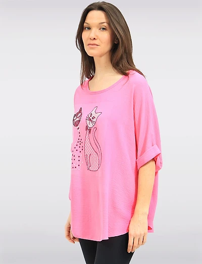 Froccella Rhinestone Cat Print Relaxed Tunic With Scoop Neck Short Dolman Sleeve