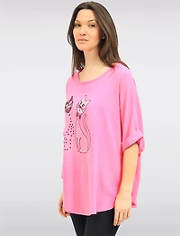 Froccella Rhinestone Cat Print Relaxed Tunic With Scoop Neck Short Dolman Sleeve