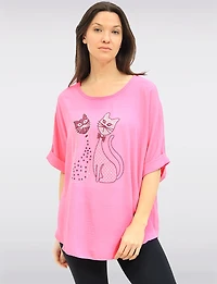 Froccella Rhinestone Cat Print Relaxed Tunic With Scoop Neck Short Dolman Sleeve