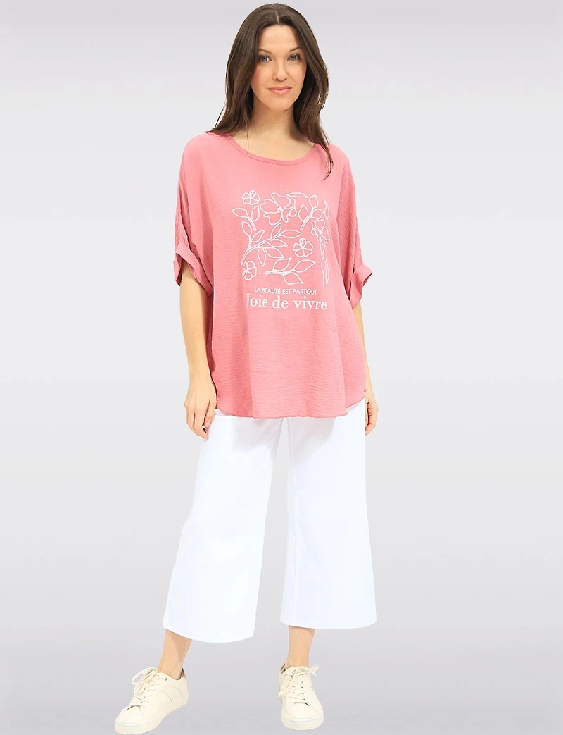 Froccella Botanical Print Relaxed Tunic With Scoop Neck & Short Dolman Sleeves