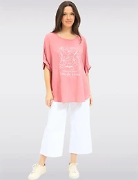 Froccella Botanical Print Relaxed Tunic With Scoop Neck & Short Dolman Sleeves