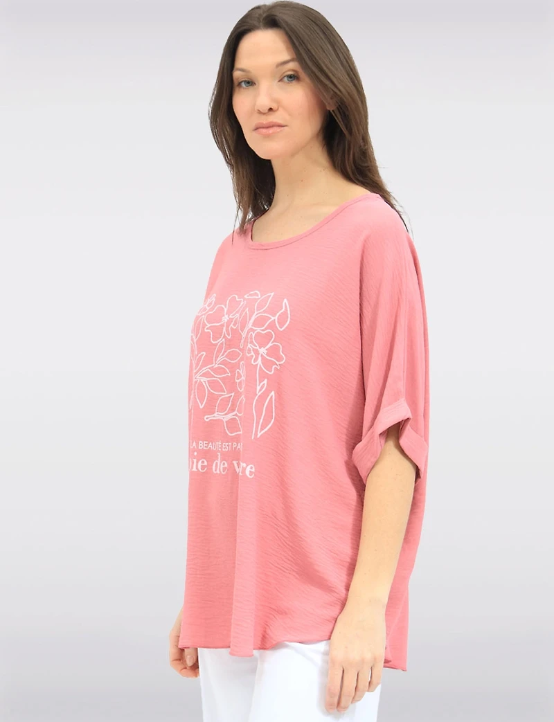 Froccella Botanical Print Relaxed Tunic With Scoop Neck & Short Dolman Sleeves