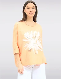 Long Sleeve Cotton Blend Top with Bold Foil Print High-Low Hemline by Froccella