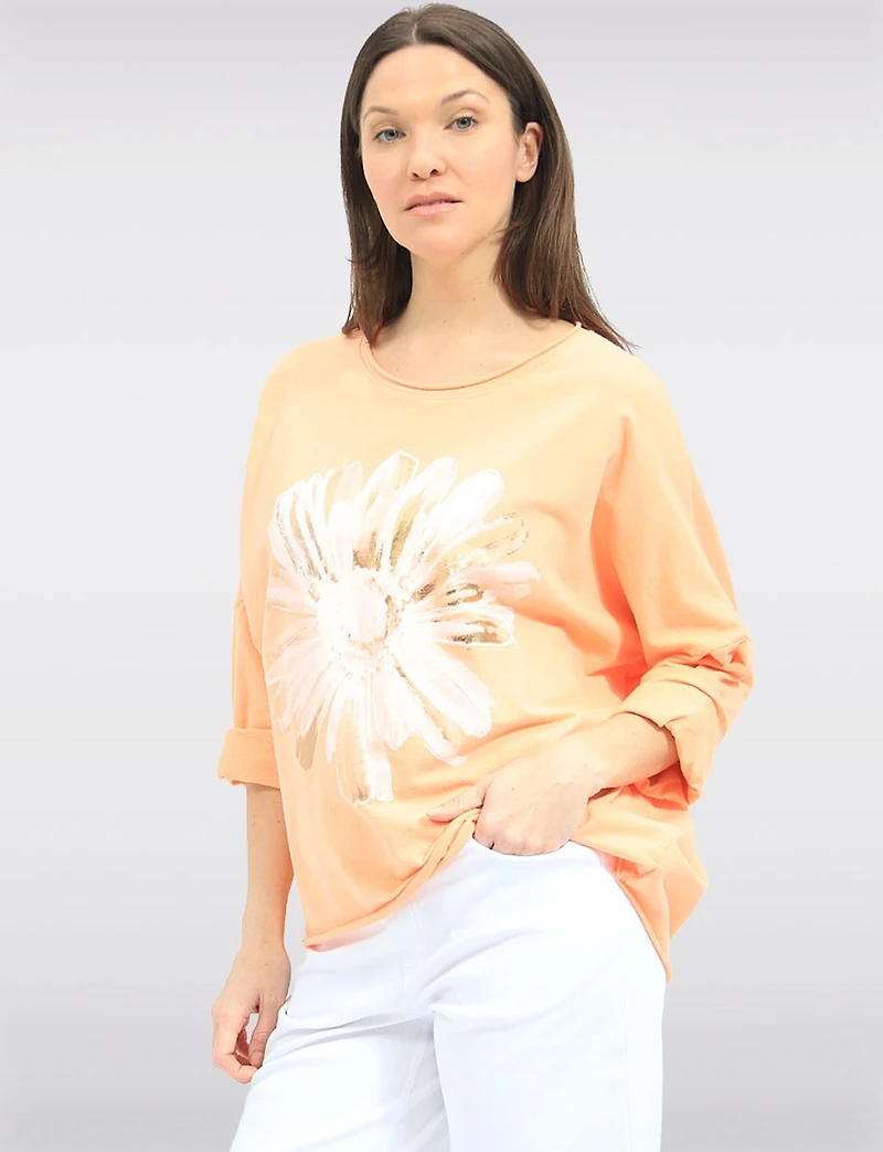 Long Sleeve Cotton Blend Top with Bold Foil Print High-Low Hemline by Froccella