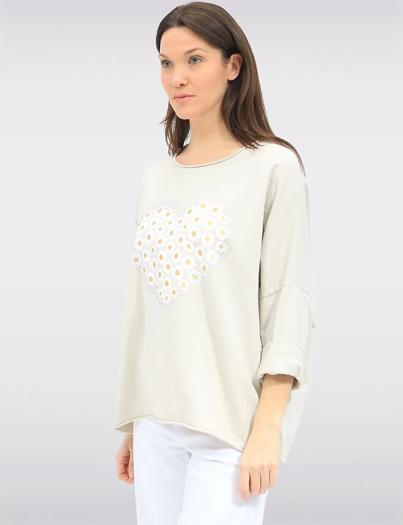 Long Sleeve Cotton Blend Top with Heart Print High-Low Hemline by Froccella