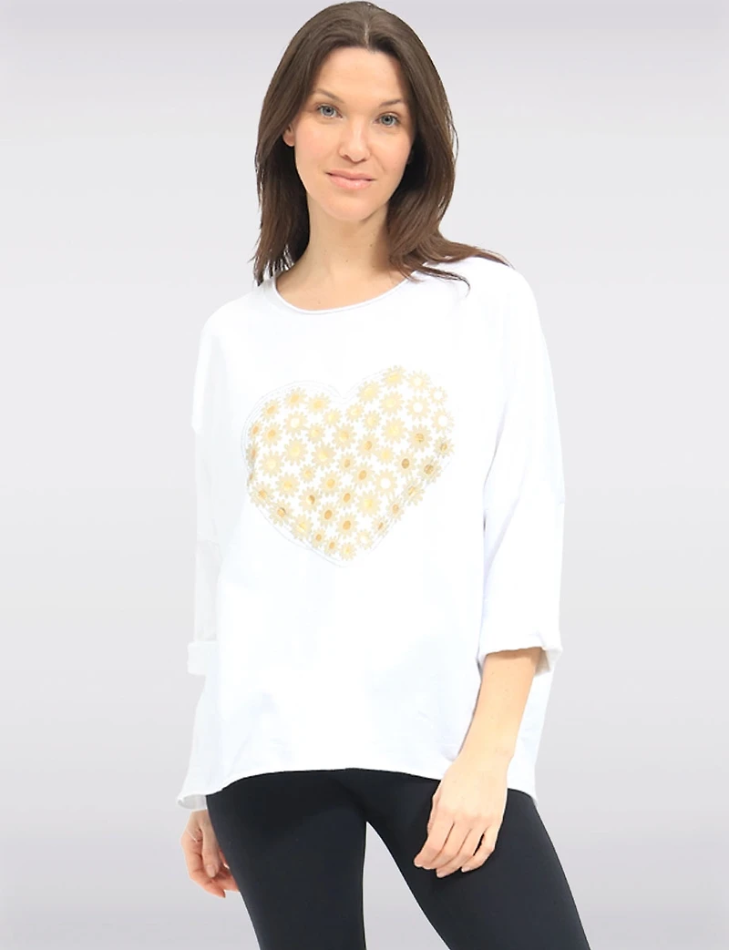 Long Sleeve Cotton Blend Top with Heart Print High-Low Hemline by Froccella