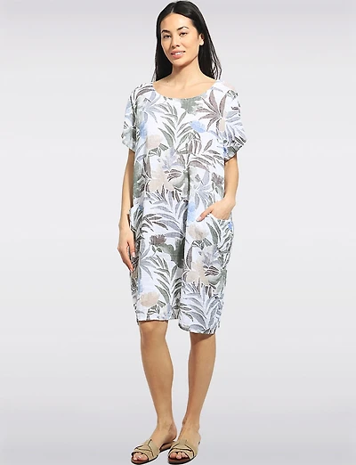 Tropical Floral Cotton Knee-Length Short Sleeve Pocket Dress by Froccella