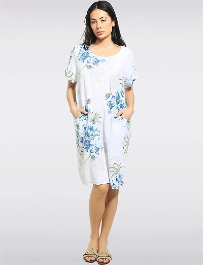 Floral Print Cotton Short Sleeve Round Neck Dress with Pockets by Froccella
