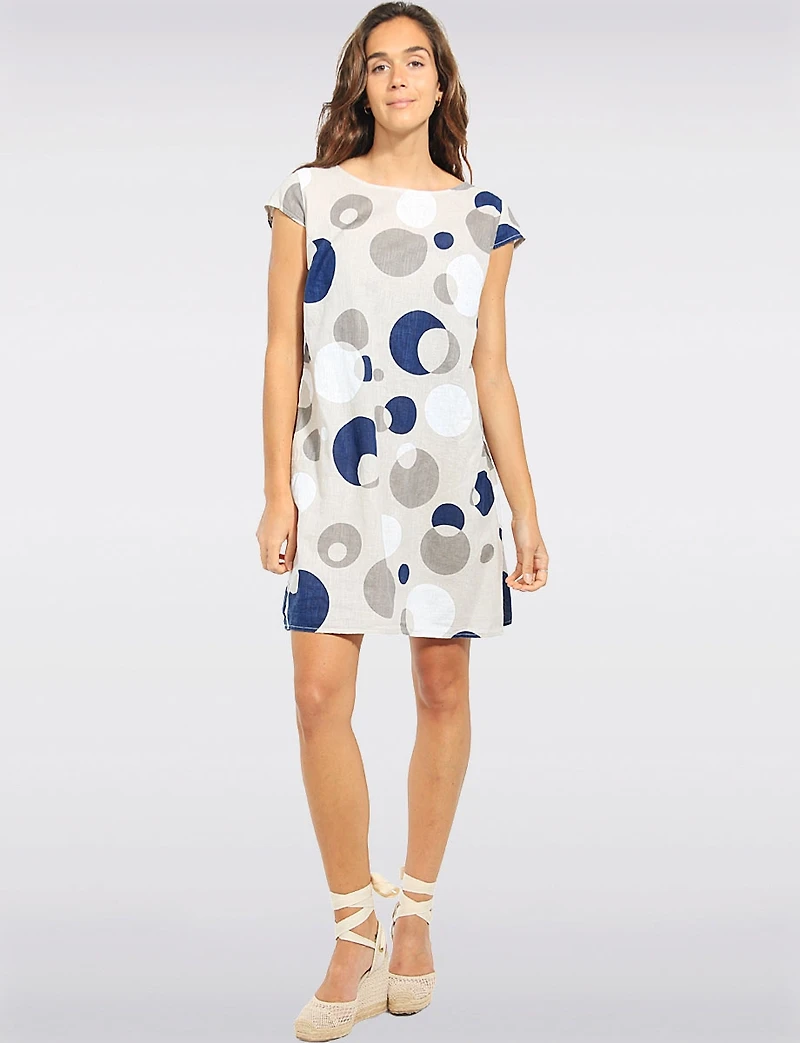 Elegant Linen Cotton Polka Dot Cap Sleeve Dress with Pockets by Froccella