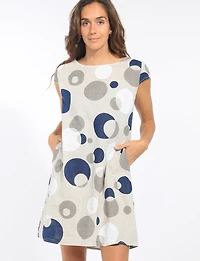 Elegant Linen Cotton Polka Dot Cap Sleeve Dress with Pockets by Froccella