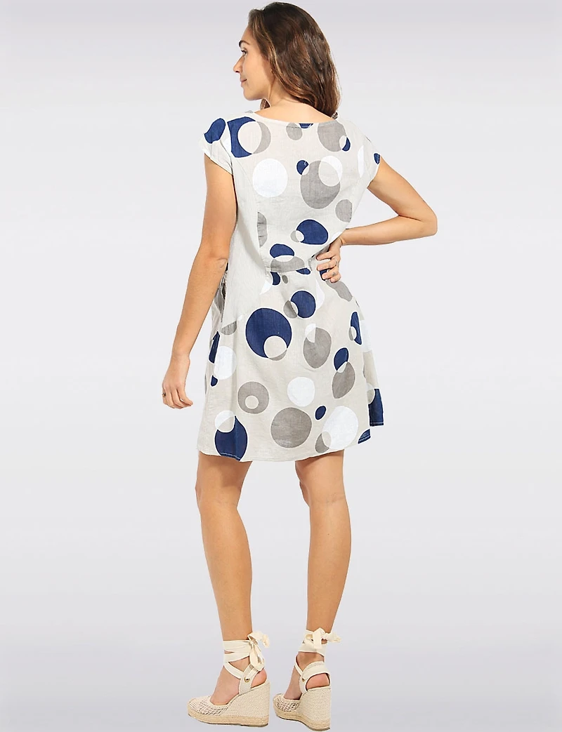 Elegant Linen Cotton Polka Dot Cap Sleeve Dress with Pockets by Froccella