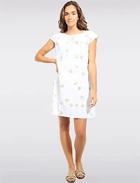 Breathable Linen Daisy Print Dress with Knit Detail & Front Pockets by Froccella