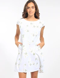 Breathable Linen Daisy Print Dress with Knit Detail & Front Pockets by Froccella