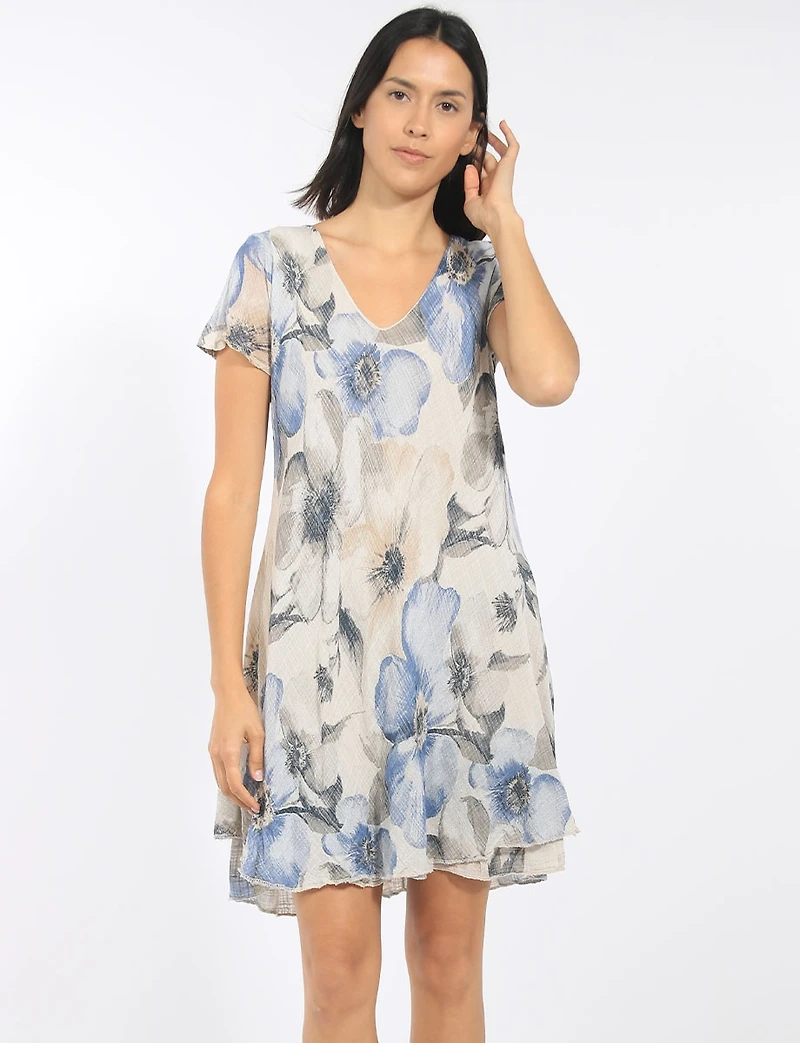 Floral Crinkle Flutter Sleeve V-Neck Tiered Relaxed A-Line Dress by Froccella