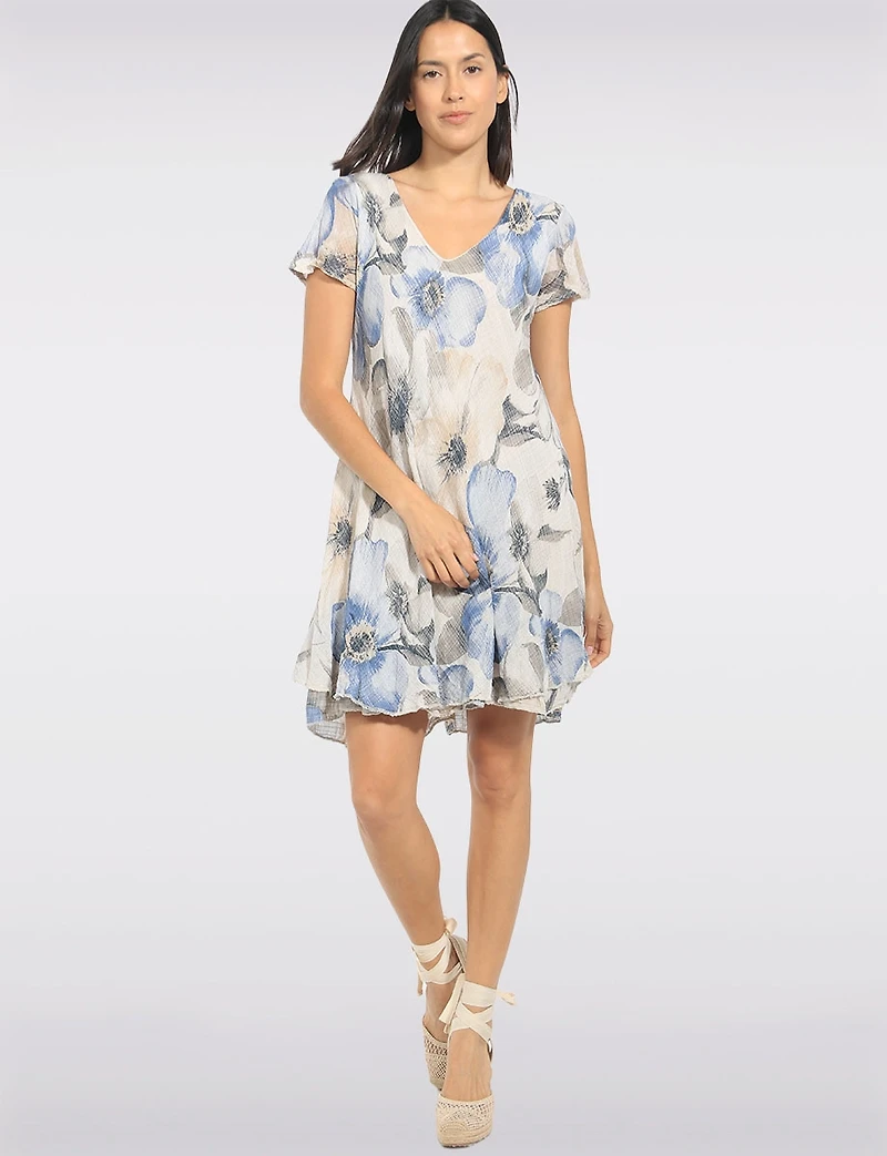 Floral Crinkle Flutter Sleeve V-Neck Tiered Relaxed A-Line Dress by Froccella
