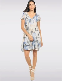 Floral Crinkle Flutter Sleeve V-Neck Tiered Relaxed A-Line Dress by Froccella