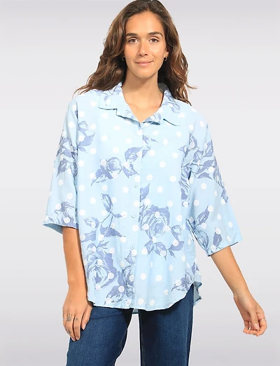 Froccella Relaxed Polka Dot Floral Print Button-Up Shirt with Roll-Tab Sleeves