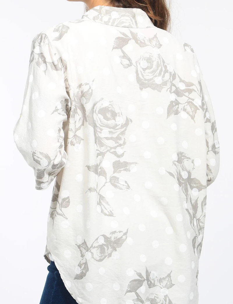 Froccella Relaxed Polka Dot Floral Print Button-Up Shirt with Roll-Tab Sleeves