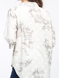 Froccella Relaxed Polka Dot Floral Print Button-Up Shirt with Roll-Tab Sleeves