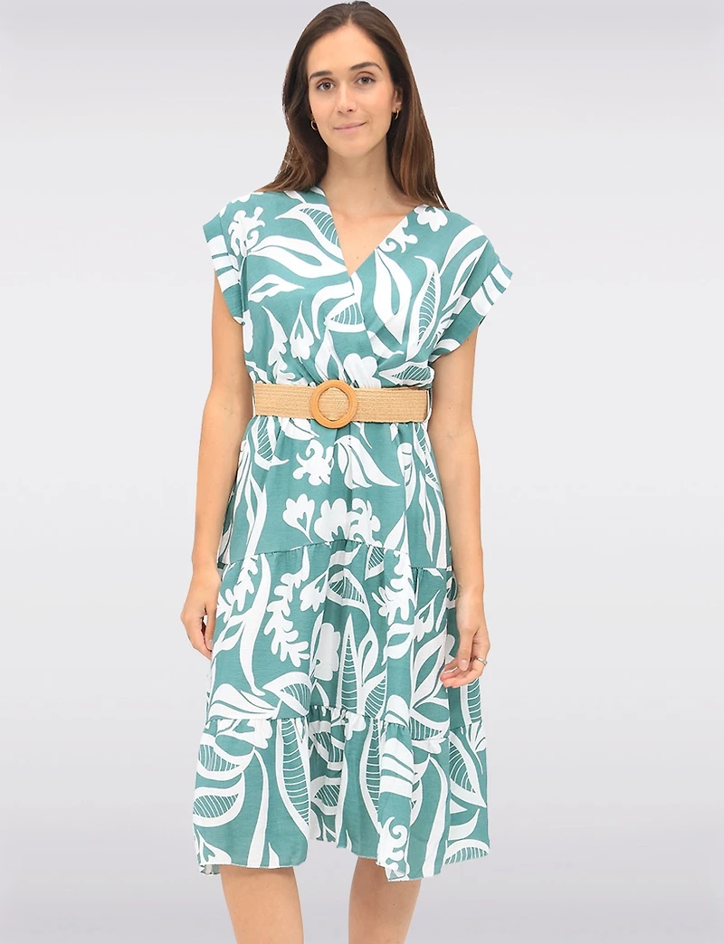 Printed Wrap Dress with Elastic Waist & Removable Straw Belt by Froccella