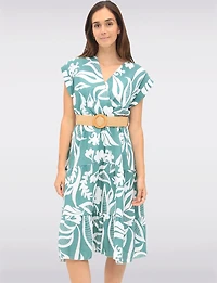 Printed Wrap Dress with Elastic Waist & Removable Straw Belt by Froccella
