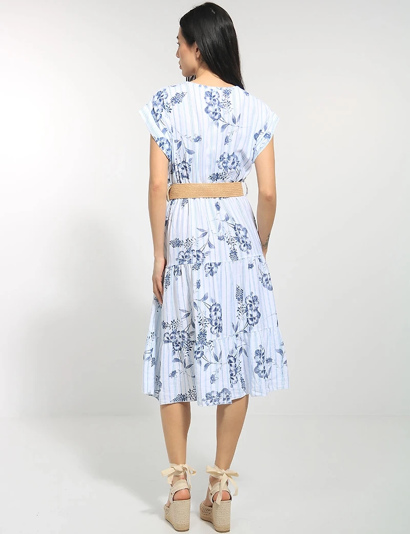 Floral Stripe Surplice V-Neck Cap Sleeve Belted Tiered Midi Dress by Froccella