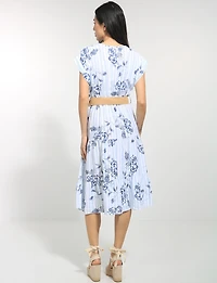 Floral Stripe Surplice V-Neck Cap Sleeve Belted Tiered Midi Dress by Froccella