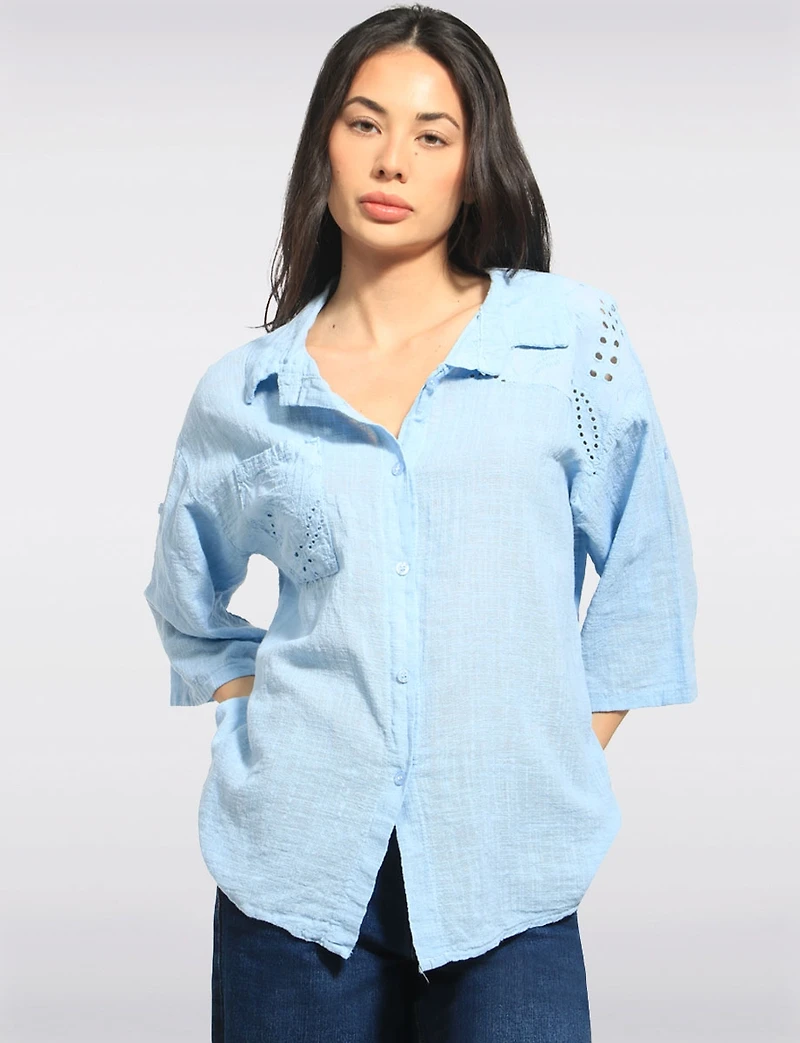 Eyelet Embroidery Button-Front 3/4 Sleeve High-Low Oversized Shirt by Froccella
