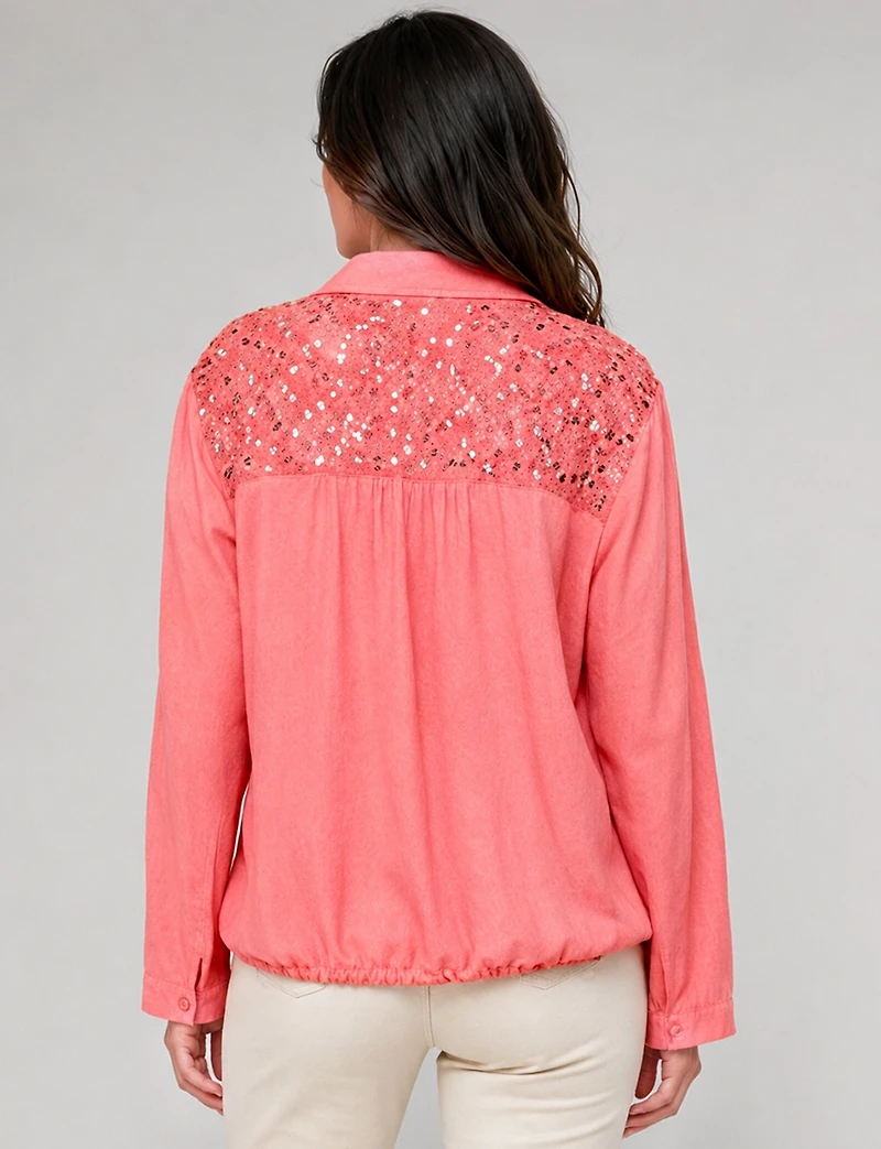 Sequin Pocket Button-Front Shirt Roll-Tab Sleeves & Drawstring Hem by Froccella
