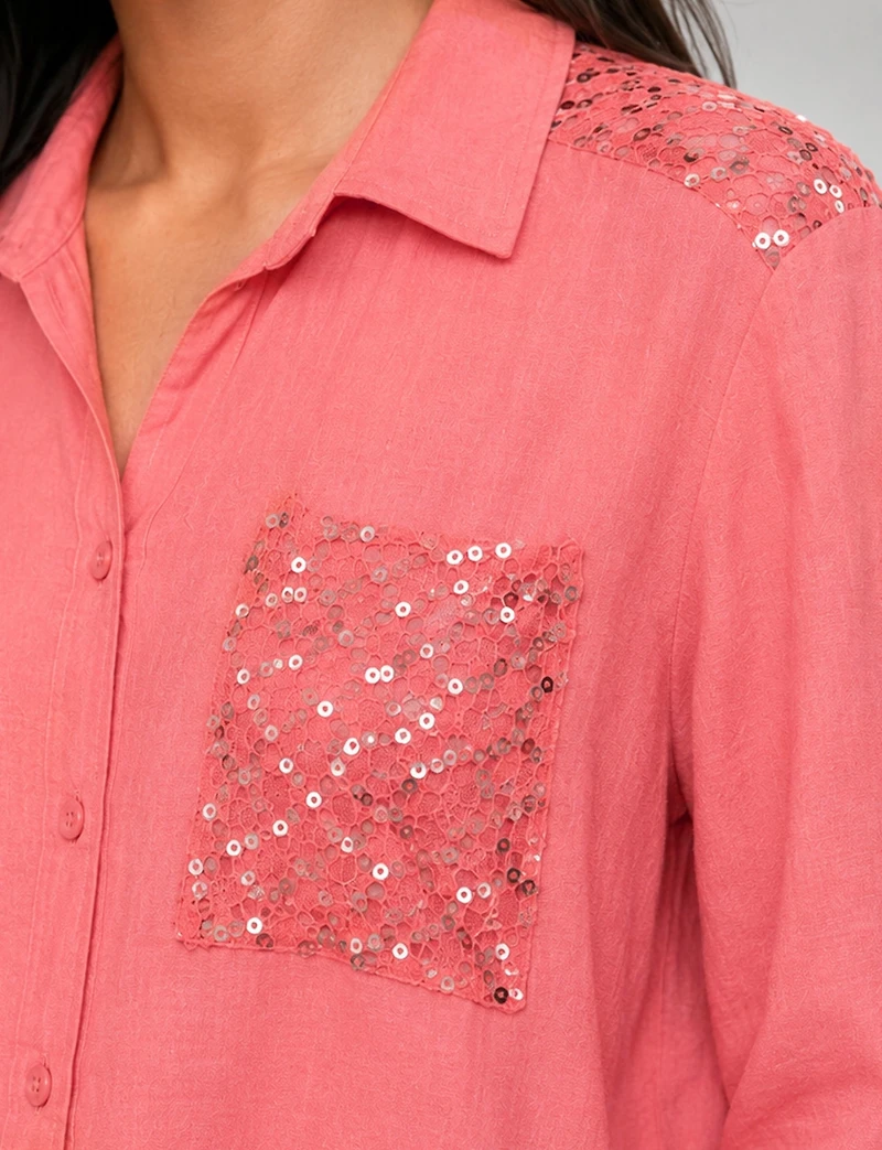 Sequin Pocket Button-Front Shirt Roll-Tab Sleeves & Drawstring Hem by Froccella