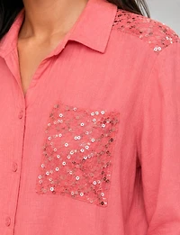 Sequin Pocket Button-Front Shirt Roll-Tab Sleeves & Drawstring Hem by Froccella