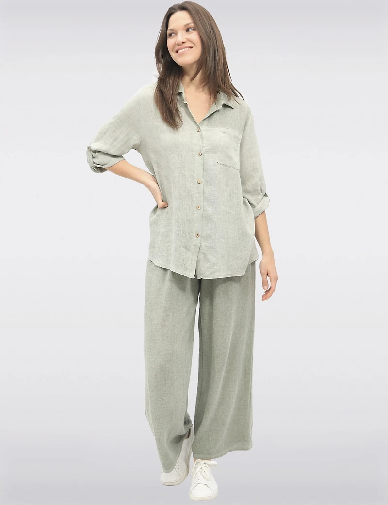 Linen Blend Adjustable 3/4 Sleeves Button-Up Collared Loose Shirt By Froccella