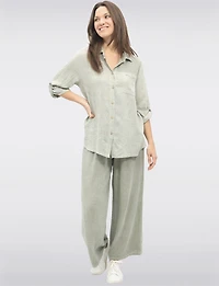 Linen Blend Adjustable 3/4 Sleeves Button-Up Collared Loose Shirt By Froccella