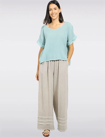 Breathable Cotton-Linen Relaxed V-Neck Top with Cuffed Cap Sleeves by Froccella