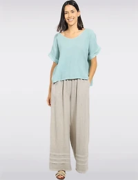 Breathable Cotton-Linen Relaxed V-Neck Top with Cuffed Cap Sleeves by Froccella