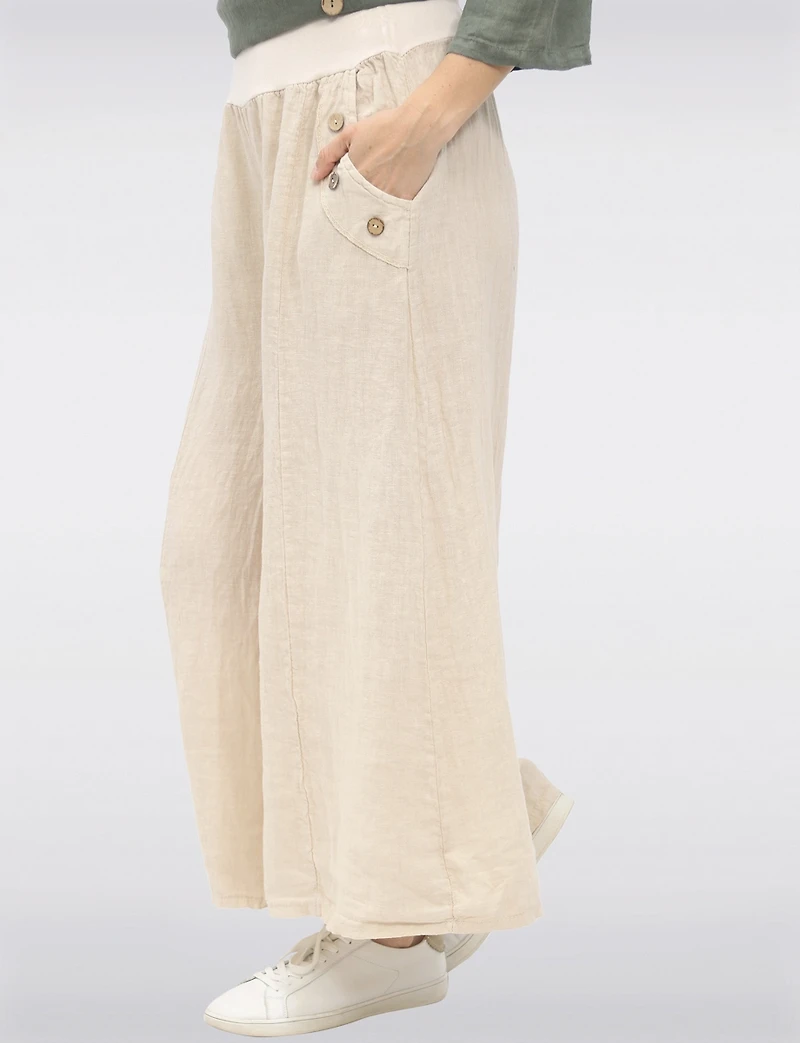 Relaxed Wide-Leg Linen Pants with Ribbed Waistband & Button Accents by Froccella