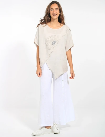 Loose Fit Cap Sleeve Linen Asymmetrical Hem Top Tunic Sequin Flower by Froccella