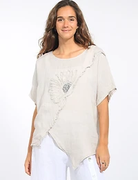 Loose Fit Cap Sleeve Linen Asymmetrical Hem Top Tunic Sequin Flower by Froccella