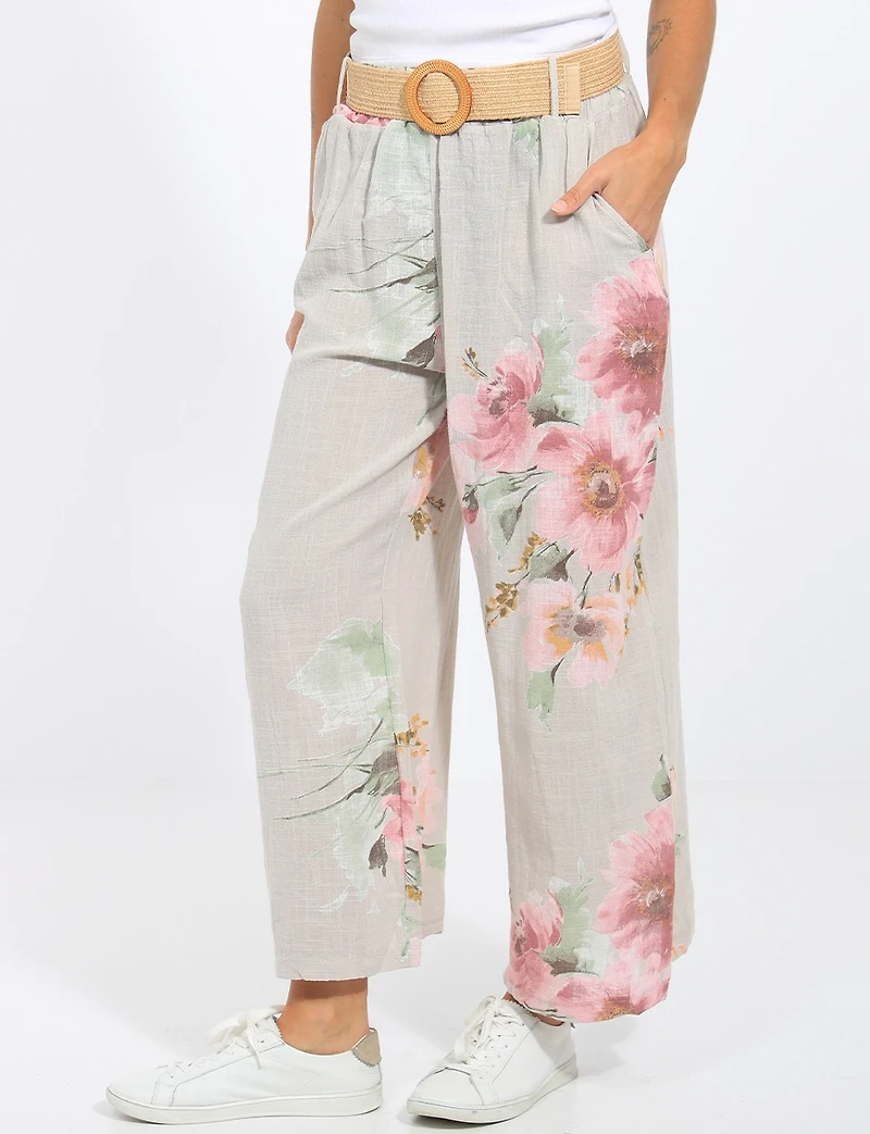 Relaxed Fit Wide-Leg Linen Floral Print Pants with Buckled Belt by Froccella