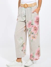 Relaxed Fit Wide-Leg Linen Floral Print Pants with Buckled Belt by Froccella