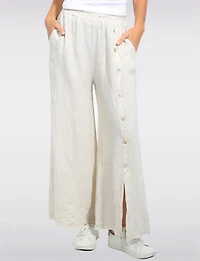 Froccella High-Rise Relaxed Fit Wide-Leg Linen Pant with Pockets & Button Detail