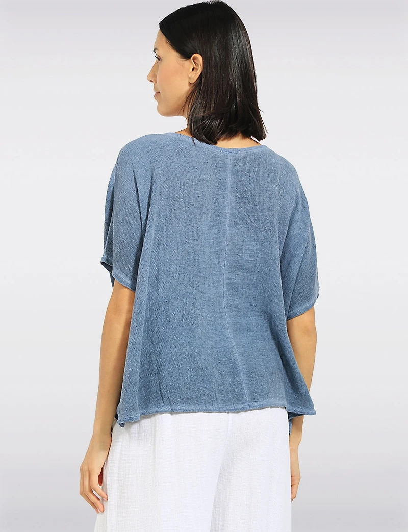 Relaxed Linen-Cotton Short Dolman Sleeve Top with Pintuck Hem by Froccella