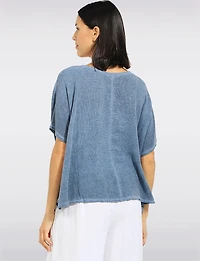 Relaxed Linen-Cotton Short Dolman Sleeve Top with Pintuck Hem by Froccella
