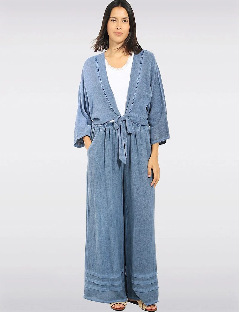 Froccella Relaxed-Fit Cropped Linen-Cotton Tie-Front 3/4 Sleeve Shrug Cardigan