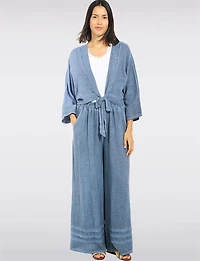 Froccella Relaxed-Fit Cropped Linen-Cotton Tie-Front 3/4 Sleeve Shrug Cardigan